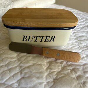 Webake Enamel Butter Dish Lid Knife Container Tray Keeper Wood Stainless Steel